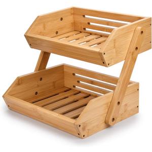 G.a HOMEFAVOR Large Bamboo Fruit Basket, 2-Tier Fruit Bowl for Kitchen Counter, Vegetable Storage Stand for Fruit Shop, 15 mm Thickness (Self-Assembly)