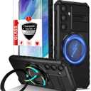 for Samsung Galaxy S21 FE Case Magnetic Compatible with MagSafe Wireless Charging,with 2 Screen Protectors,for S21 FE Case with Stand Ring Military Grade Shockproof Heavy Duty Protection Black