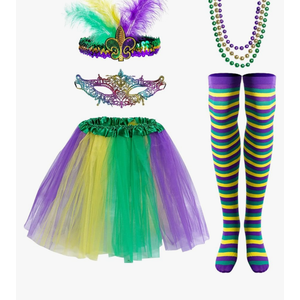 Yolyoo 7 Pieces Mardi Gras Costume Accessory Set Tutu Skirt, Faux Feather Half Mask,Mardi Gras Beads,Long Socks for Women and Girls Multicoloured