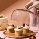10 Inch Wooden Base Cake Display Stand with Glass Dome,Cloche Clear Glass Bell Jar Cover for Dessert Cheese Candy Plants Succulents