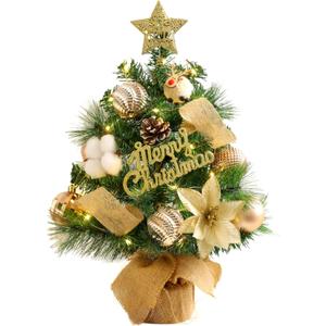 Tabletop Christmas Tree with Lights, 24inch/2ft Mini Christmas Tree, Tabletop Small Xmas Tree for Holiday Indoor DIY Christmas Decoration (Champagne Gold)