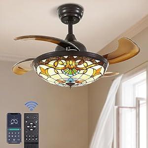 APBEAMLighting 36" Tiffany Style Ceiling Fan with Lights, Remote Control Led Dimmable Fandelier Fixture with 4 Retractable Reverse Blades, Vintage Stained Glass Suit for Bedroom Living Room