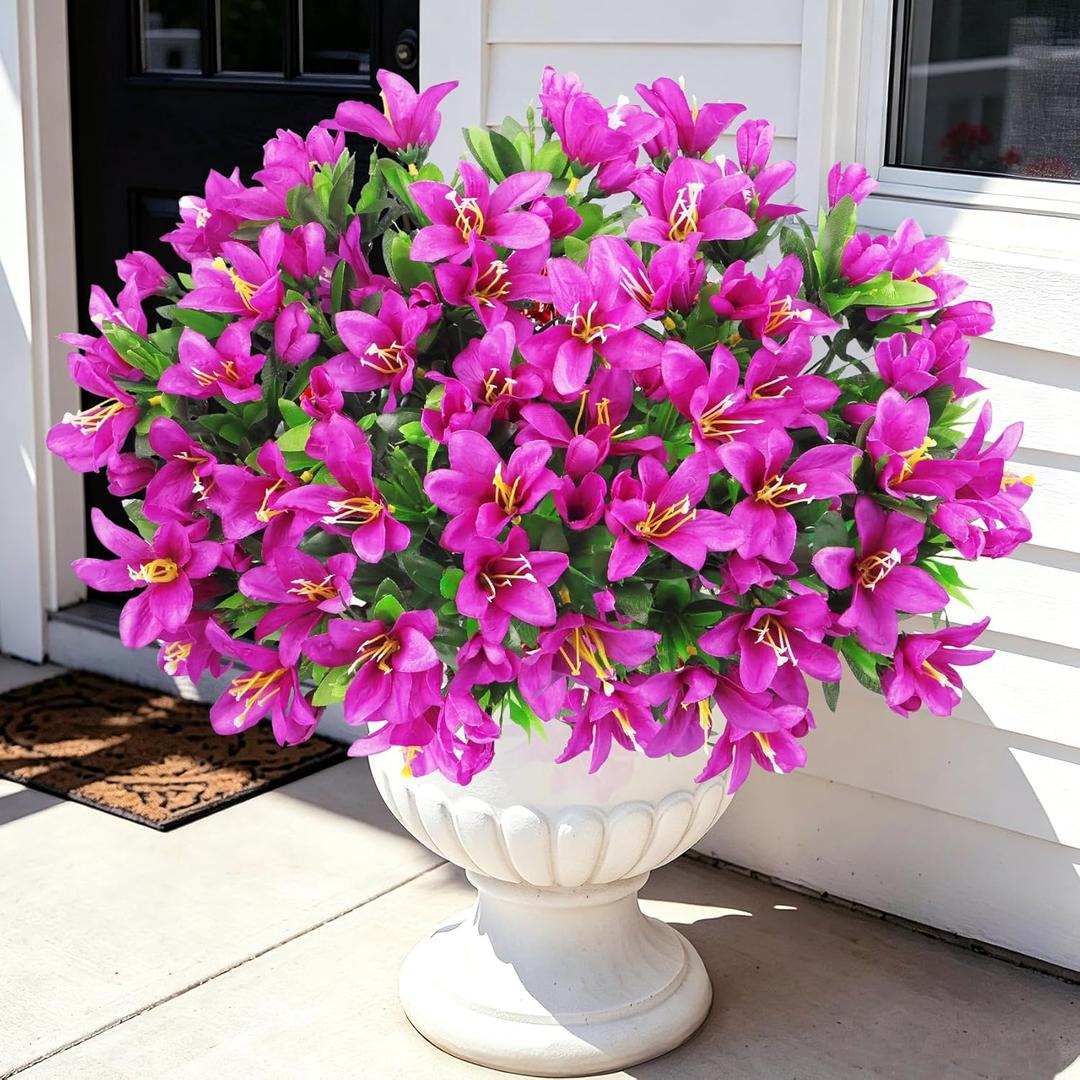 Ouddy Decor 8 Bundles Artificial Flowers for Outdoors, Fake Silk Flowers Azalea Plants UV Resistant for Summer Front Door Planter Garden Patio Window Box Balcony Walkway Home Decor, Purple