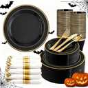 350 Pieces Black and Gold Plastic Plates with Disposable Silverware, Include 50 Dinner Plates 9, 50 Dessert Plates 6.3, 50 Black Cups 9 OZ, 50 Pre Rolled Napkins for Halloween new year