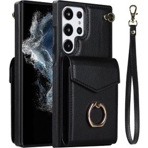 Asuwish Phone Case for Samsung Galaxy S23 Ultra 5G Wallet Cover with Screen Protector and Ring Stand Credit Card Holder Leather Kickstand Cell Accessories S23ultra 23S S 23 S23ultra5g Women Men Black