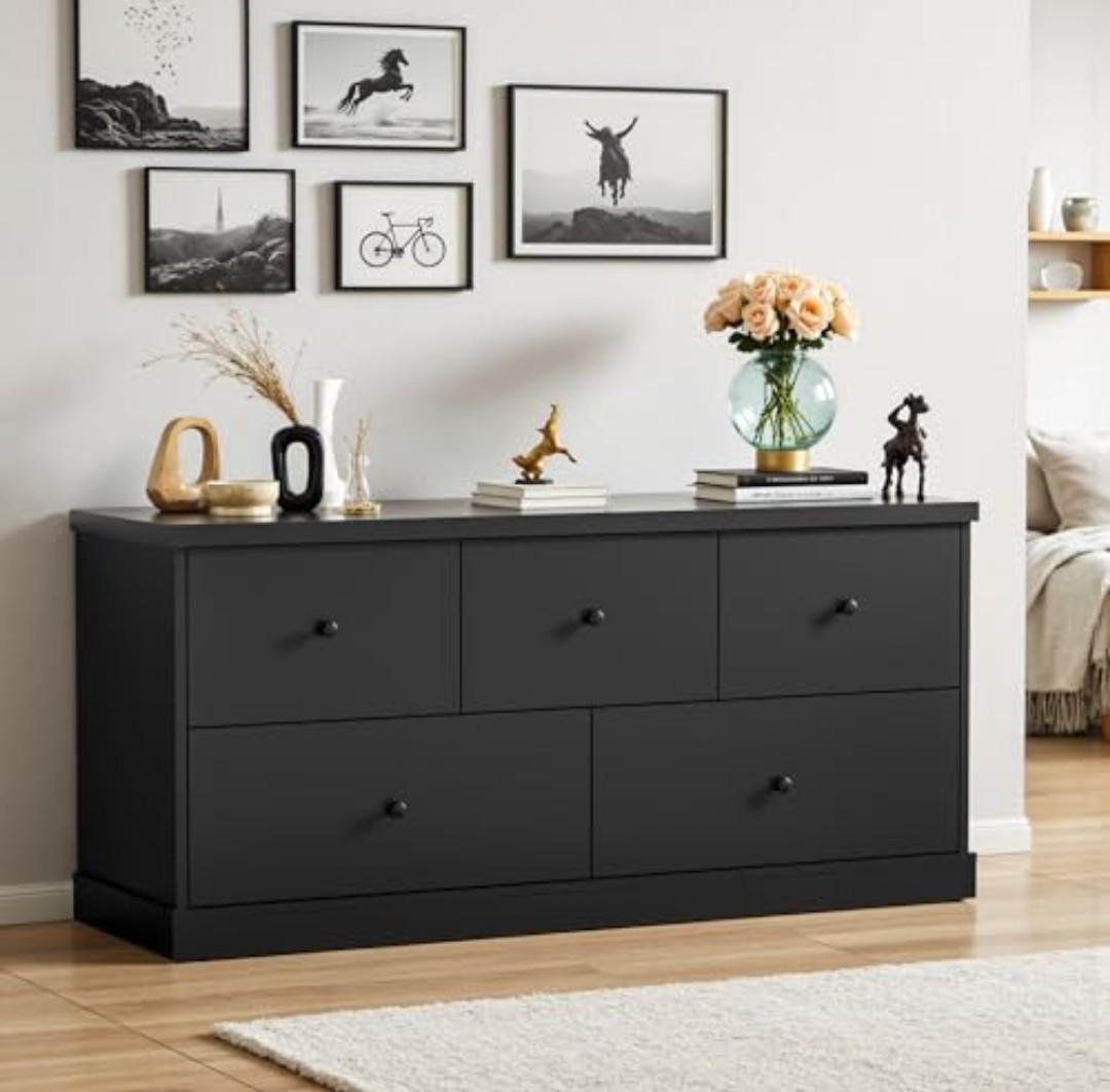 JUMMICO Dresser for Bedroom, Wide Chest of Drawers with 5 Wood Dresser Drawers, TV Stand, Modern Design for Bedroom, Living Room, Hallway, and Entryway (Black)