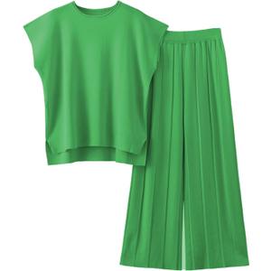 Women Knit 2 Piece Sweater Sets Pullover Tops High Waist Wide Leg Pants Lounge Set (Green, XS)
