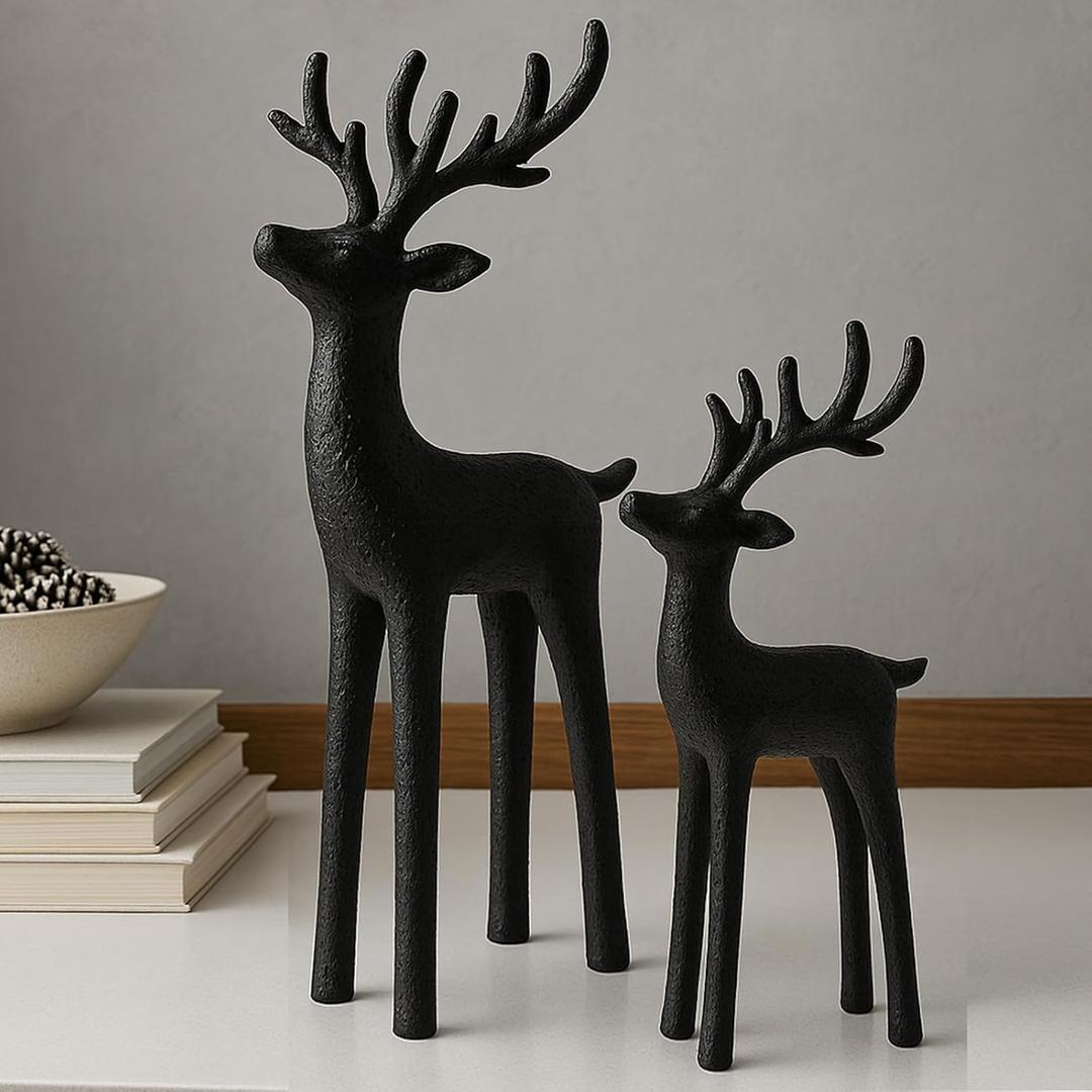 2 Set Modern Christmas Decor Neutral Christmas Reindeer Decor Resin Deer Statues Figurines Elk Statues for Neutral Modern Living Room Bedroom Office Bookshelf Desk Ornaments(Black,Small)