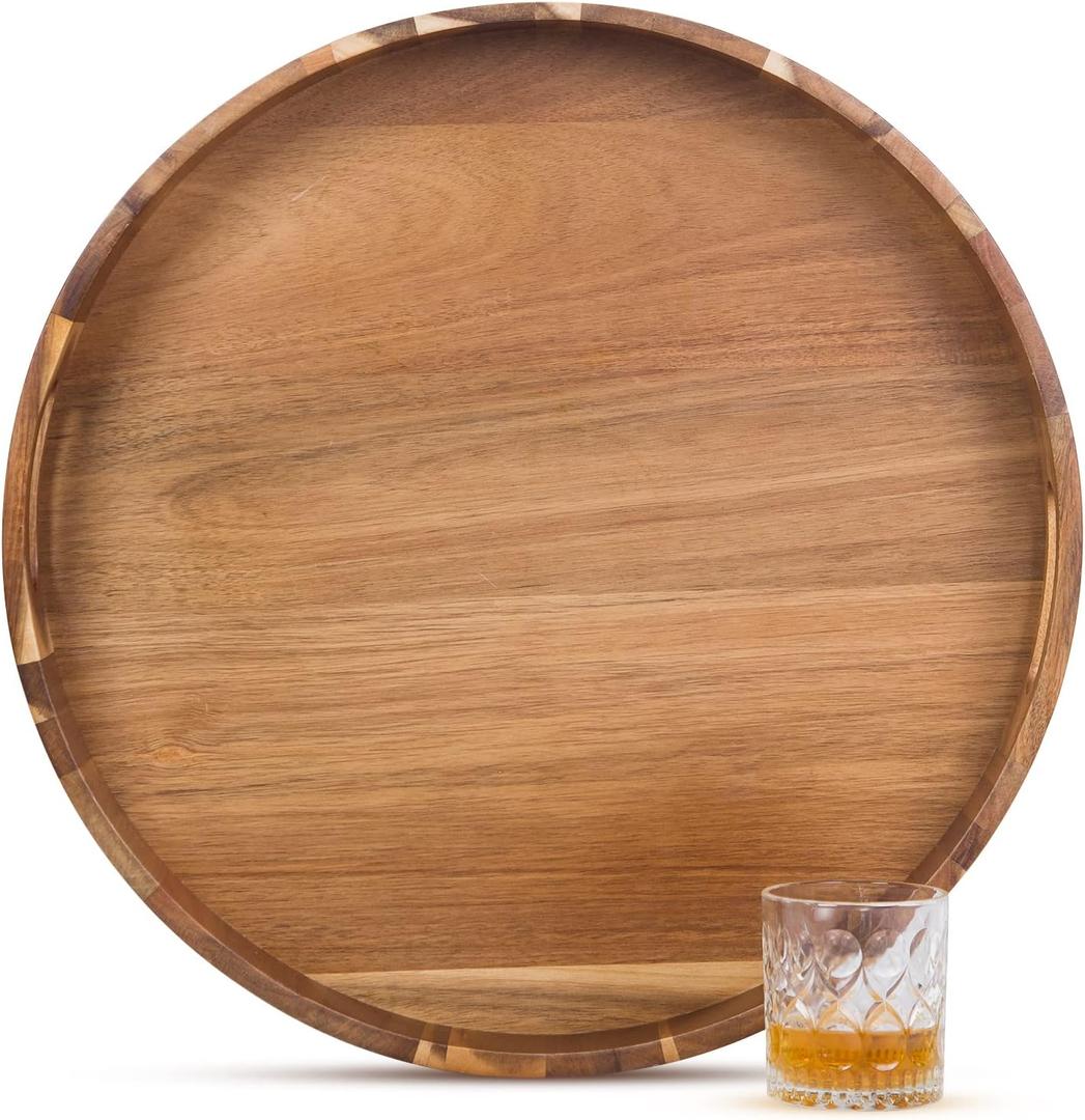 GinSent Extra Large Ottoman Tray, Round Ottoman Tray with Handles 22 Inches Oversized Wooden Serving Decorative Trays for Living Room Coffee Table