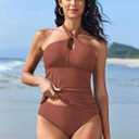 ZAFUL Women's Tankini Swimsuits Cut Out Crisscross Tankini Top with High Waisted Bottom Tummy Control Bathing Suit (Brown, S)