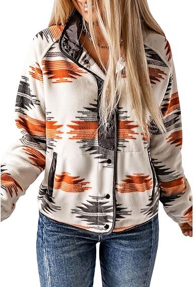 SELINK Womens Fleece Jacket Western Aztec Print Long Sleeve Snap Button Down Shacket Jackets with Pockets , Medium, Grey 