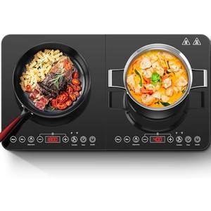 Aobosi Double Induction Cooktop,Portable Induction Cooker with 2 Burner Independent Control,Ultrathin Body,10 Temperature,1800W-Multiple Power Levels,4 Hour Timer,Safety Lock