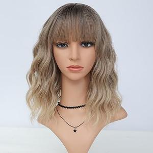 MINLEE Ombre Blonde Wig with Bangs for Women 14 Inch Short Bob Wavy Curly Wig Ombre Blonde Hair Wigs Heat Resistant Synthetic Wigs