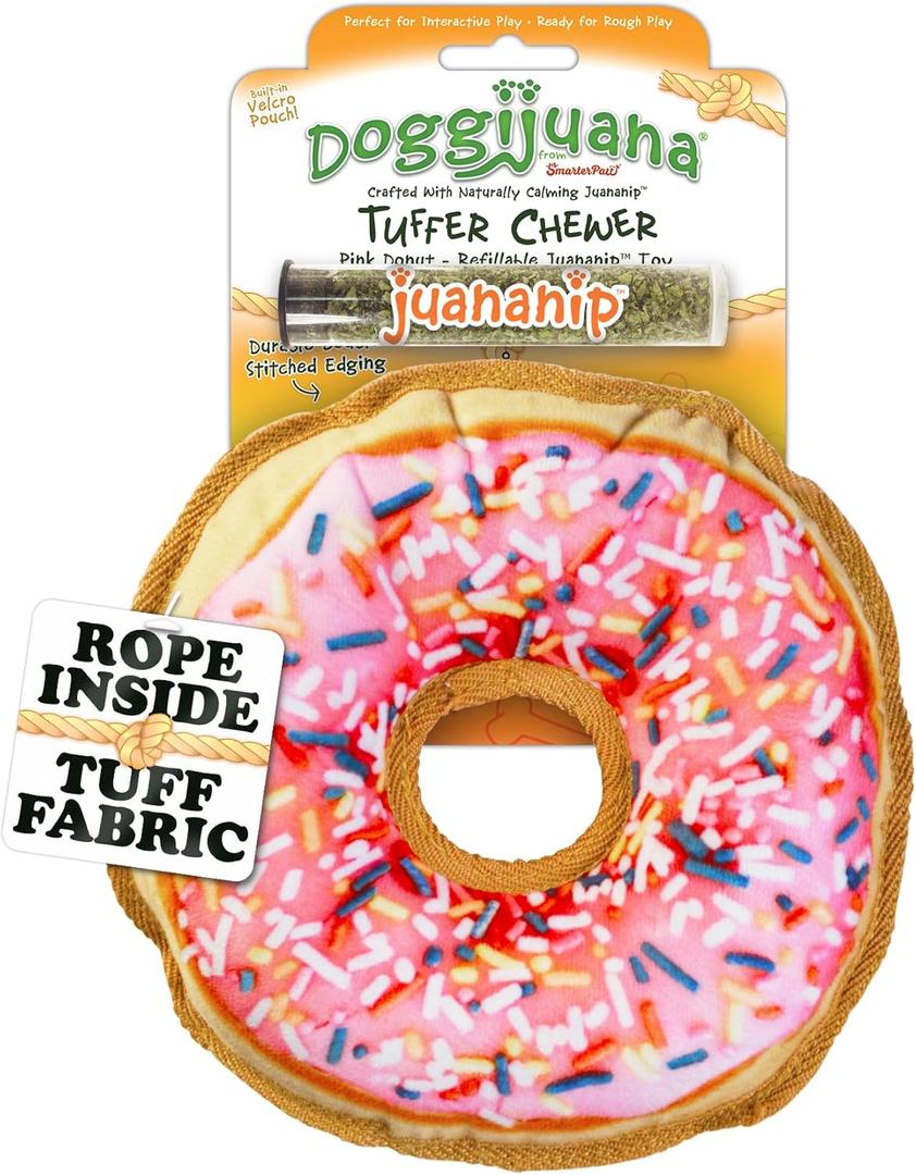 Doggijuana Tuffer Chewer Plush Dog Toy | Funny Dog Toy Plush with Juananip Catnip for Dogs | Calming Aid for Dogs | Interactive Squeaky Chew Toy for Play (Sprinkled Donut) (Standard)