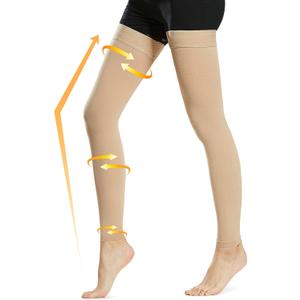 Beister 15-20 mmHg Compression Stockings for Women & Men, Thigh High Medical Footless Graduated Compression Sleeves with Dot Silicone Band, Support Pressure Socks for Varicose Veins, Edema, DVT (Beige)