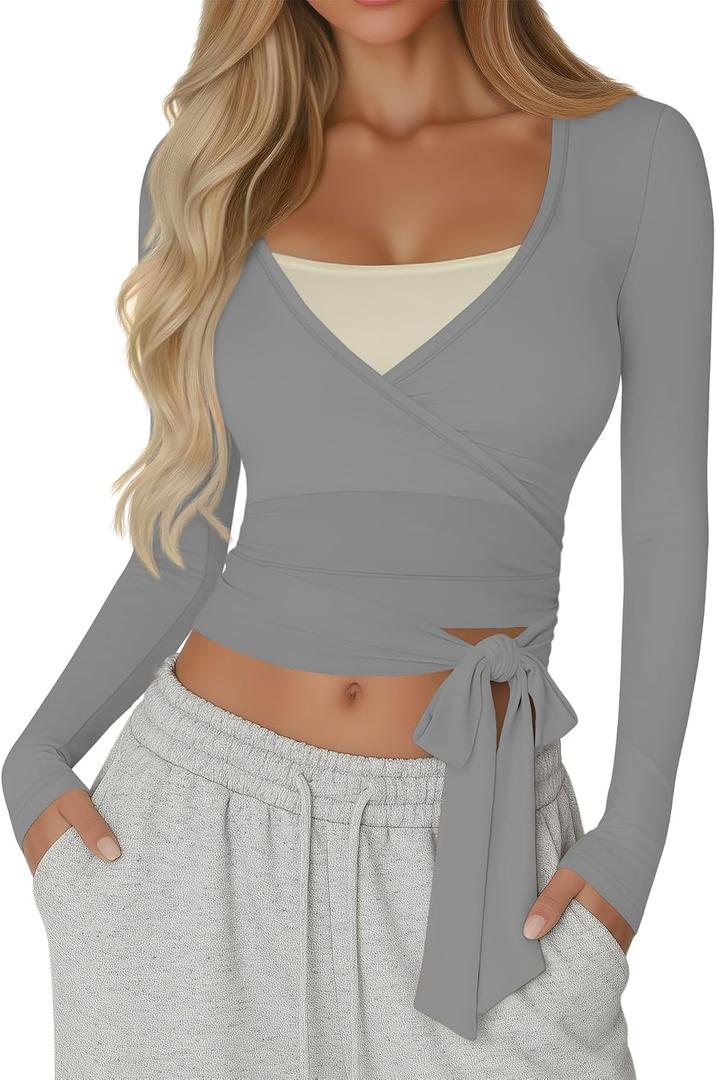 Women Wrap Tie Tops Lightweight Slim Fit Ballet Pilates Yoga Workout Active Shirts Long Sleeve V Neck Casual Tees (Gray, S)
