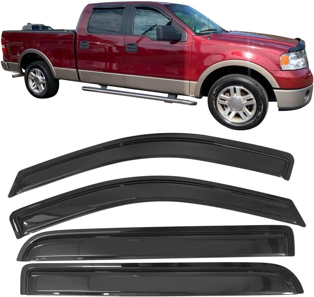 Window Visor Compatible with 2004-2008 Ford F150 Supercrew Cab, 2006-2008 Lincoln Mark LT, Acrylic Black Slim Style Sun Rain Guards Cover by IKON MOTORSPORTS, 2005 2006 2007