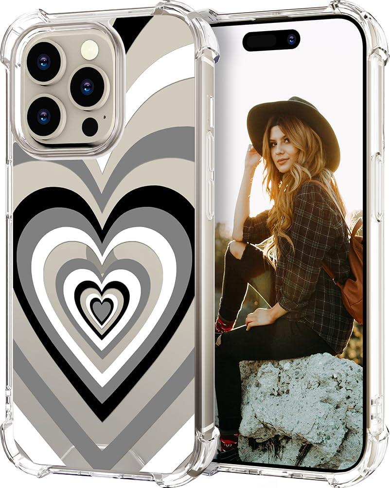 Hungo Compatible for iPhone 15 Pro Case Cute Clear with Design, Girly for Women Girls Transparent Black Grey Hearts