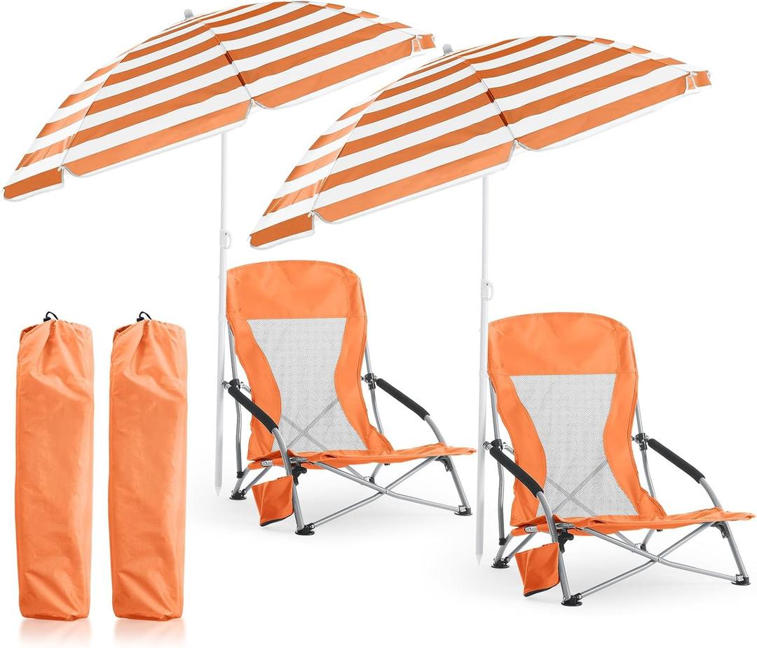 Huwena 2 Pack Beach Chairs with Umbrella for Adults, Low Folding Chair Set, Adjustable Detachable Umbrella, Lightweight Portable with Cup Holder & Carry Bag, for Beach Camping Travel(Orange)