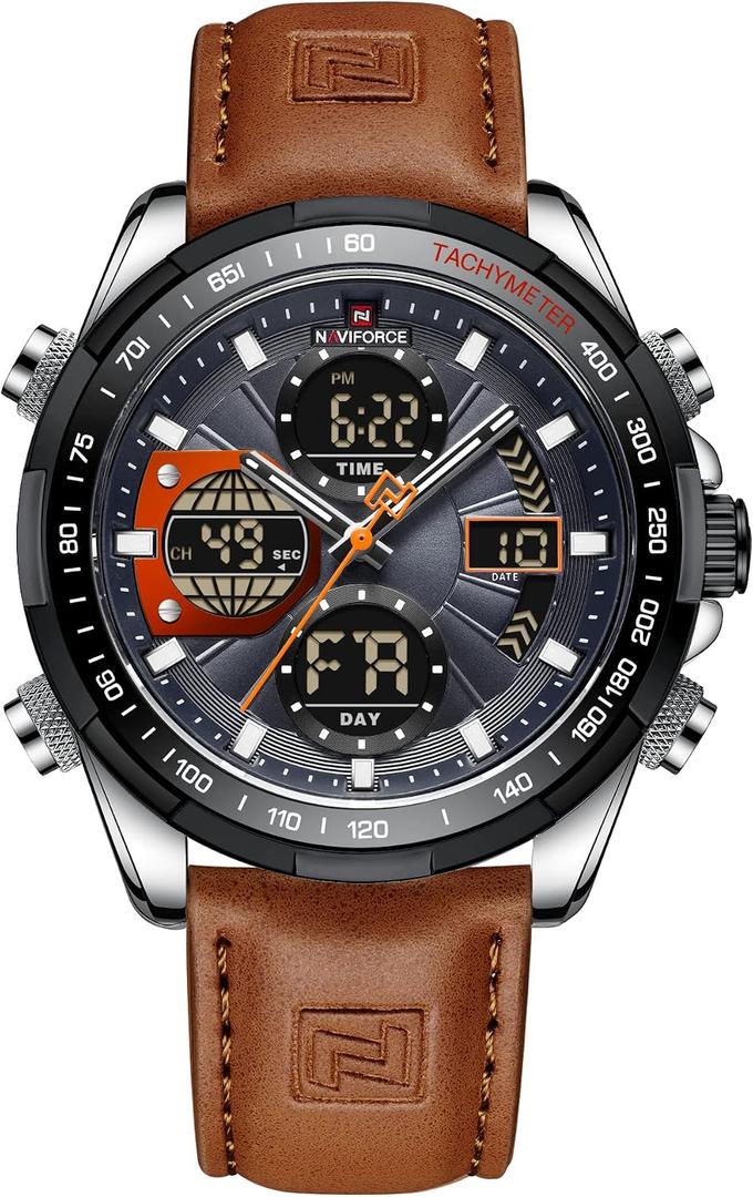 NAVIFORCE Men's Military Digital Watches Analog Quartz Waterproof Watch Sport Multifunctional Leather Wristwatch