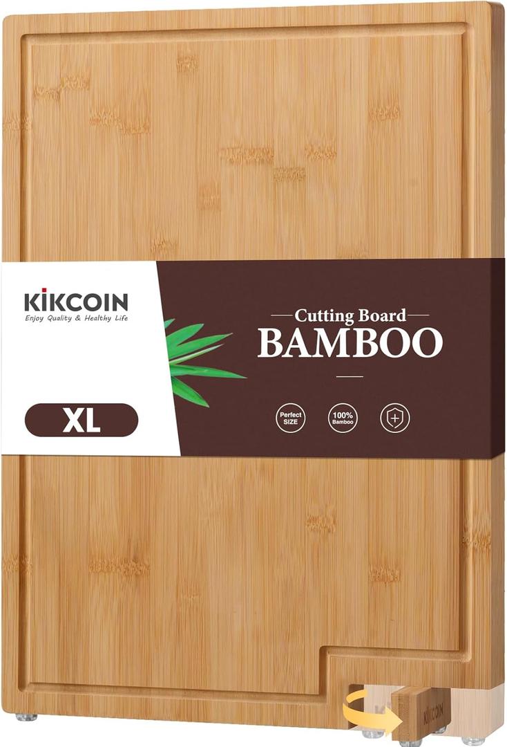 Kikcoin Bamboo Cutting Boards for Kitchen, Extra Large Wood Cutting Board with Rotating Kickstand & Juice Groove, Wooden Chopping Board for Meats Veges Fruits, Heavy Duty Serving Tray, 17 x 11.3 inch