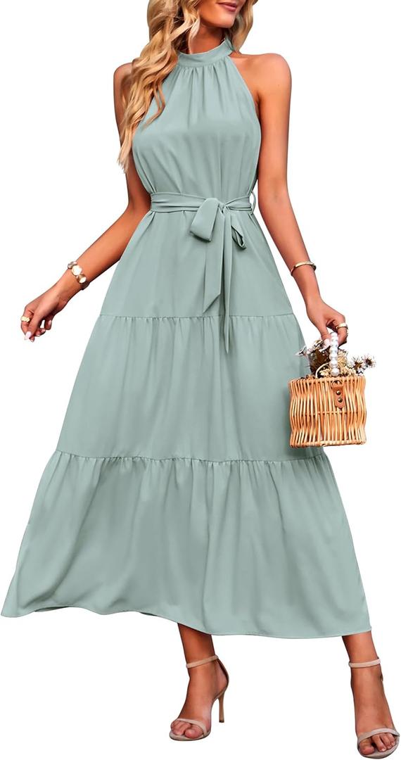 PRETTYGARDEN Women's Summer Floral Maxi Sun Dress Sleeveless Halter Neck Flowy Ruffle Hem Long Boho Dresses with Belt (Medium, Solid Light Green)