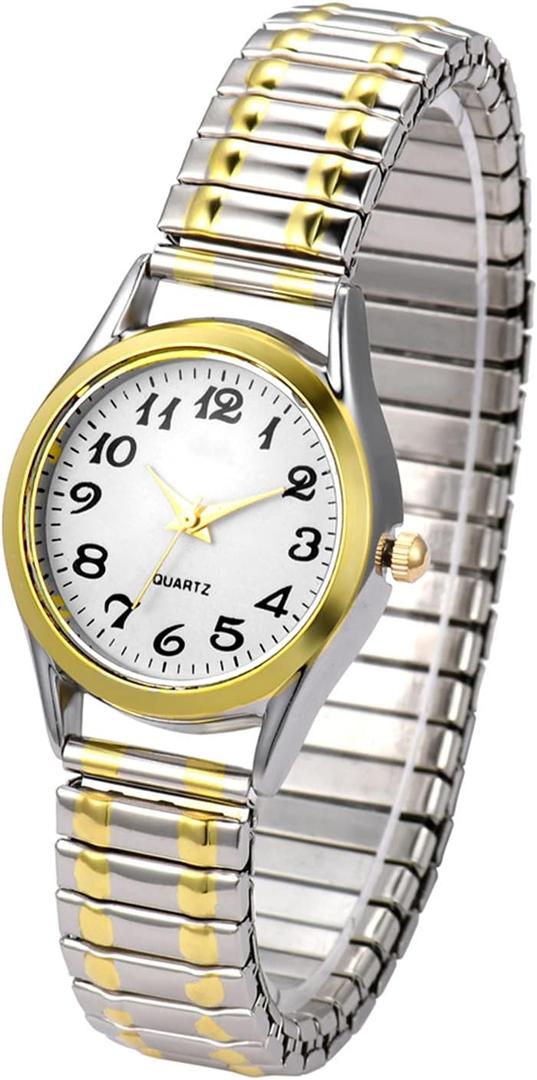 JewelryWe Women's Ultra Thin Easy Reader Watch with Elastic Strap Golden/Silver Tone Stretch Band Watches for Valentine's Day (gold-silver strap white dial - 6.5")