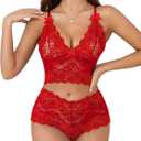 Lilosy Sexy Lace Pajamas Lingerie Set High Waist Sheer Sleepwear Bow Ties Cami Shorts Bra and Panty (Medium, Solid Red)