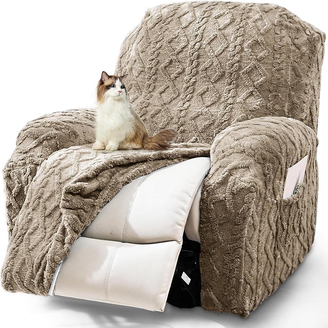 JOKIVTOU Recliner Chair Covers 4-Pieces Reclining Chair Slipcovers with Pocket& Elastic Bottom, Soft Feel Fitted Lazy Boy Sofa Couch Cover Washable, Stretch Recliner Furniture Protector (1 Seater, Brown)
