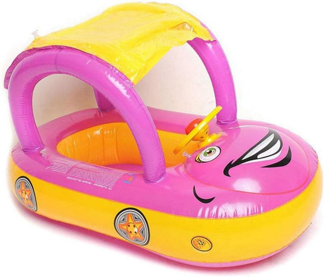 Baby Pool Float with Canopy Summer Steering Wheel Sunshade Swim Ring Car Inflatable Toys Infants Float Seat Boat for Kids Toddlers (Pink)