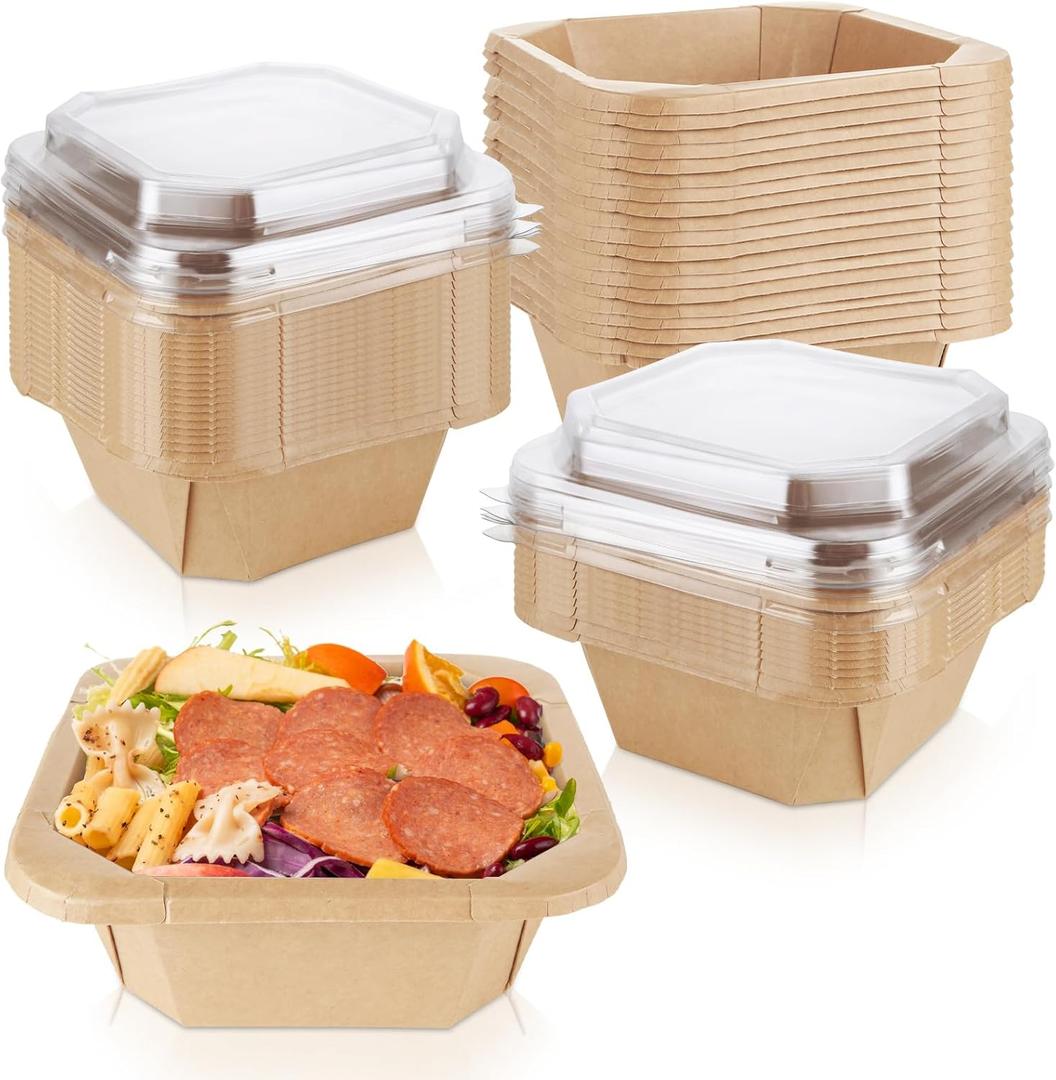 DAJAVE 50 Pack Disposable Salad Bowls with Lids 25 oz Paper Bowls with Lid, Chipotle Bowl with Lids 25oz Airtight Disposable Salad Containers for Meal Prep, Lunch, Parties