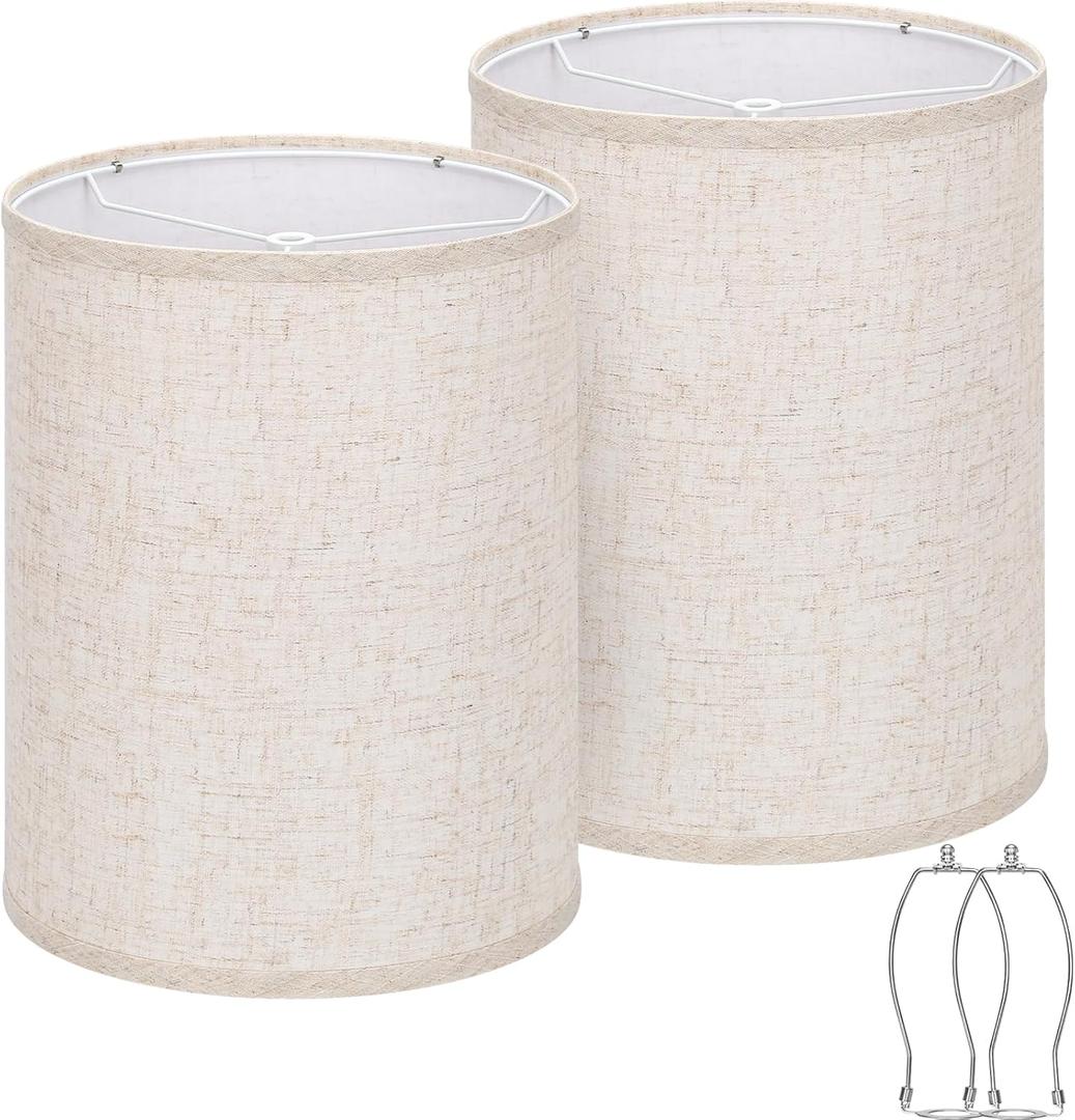 Tall Drum Lamp Shades Set of 2, 10"Top x10" Bottom x 13"High, Beige Lampshade for Table Lamp Floor Lamp, Replacement Lampshades Natural Linen Handcrafted, Spider, Harp Holders Included, Easy Assembly