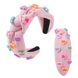 Holiday Heart Candy Embellished Red Headband Conversation Love Heart Charm Knotted Headband Non Slip Wide Top Knot Fashion Hairband Hair Accessories for Women (Valentine -pink, 2 Pcs)