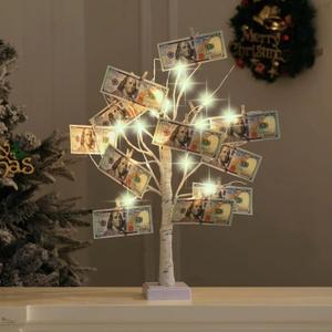 Money Tree Gift Card Holder 24 LED Birch Tree Lamp Battery/USB Powered Light Up White Trees Gift Card Holder with 22 Clear Clips for Money Photo Birthday Graduation