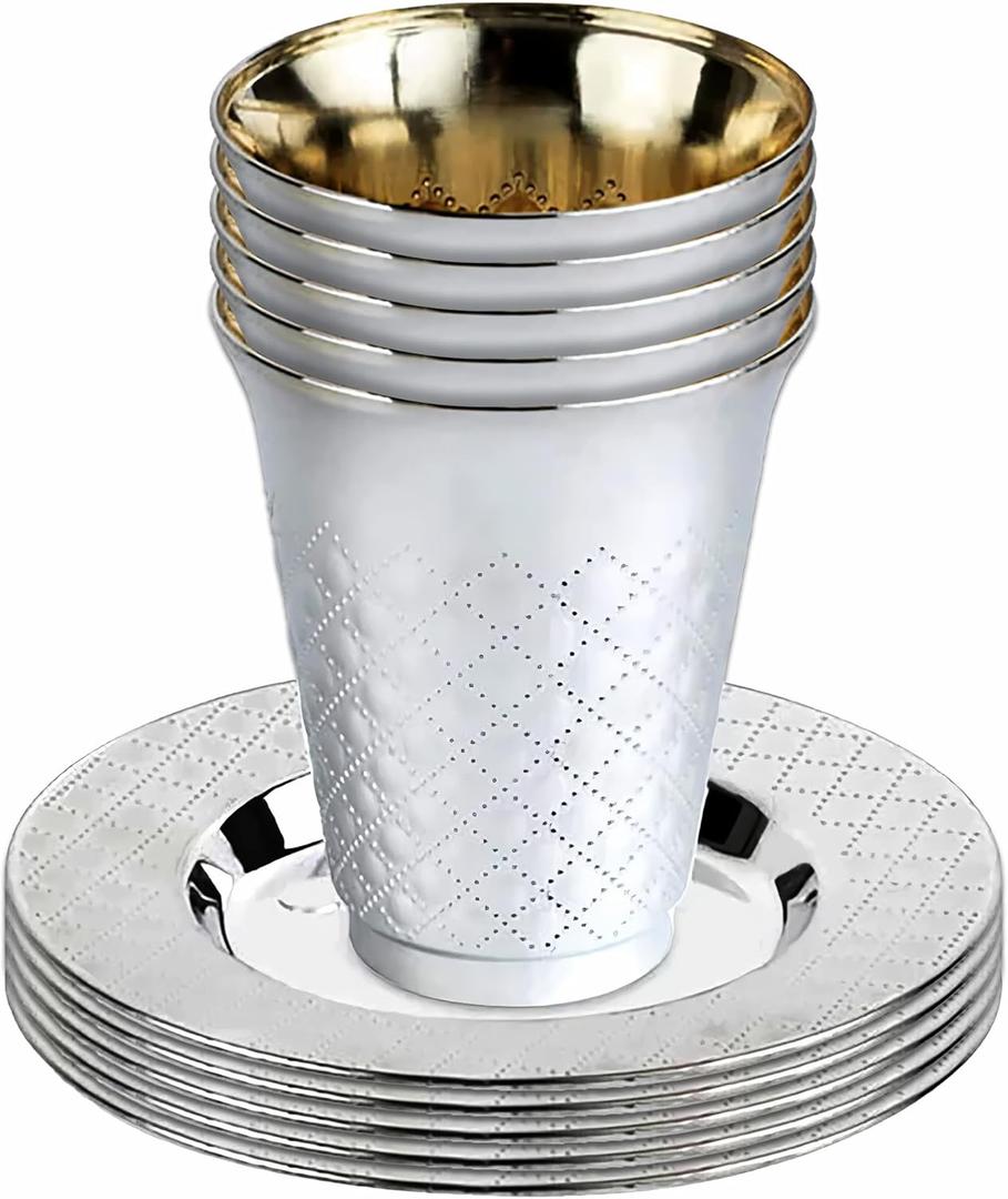 Shimmering Aluminum Silver Kiddush Cup & Plastic Saucers Set (10 Pack) - 5 oz. - Perfect for Celebrations, Events & Home Use