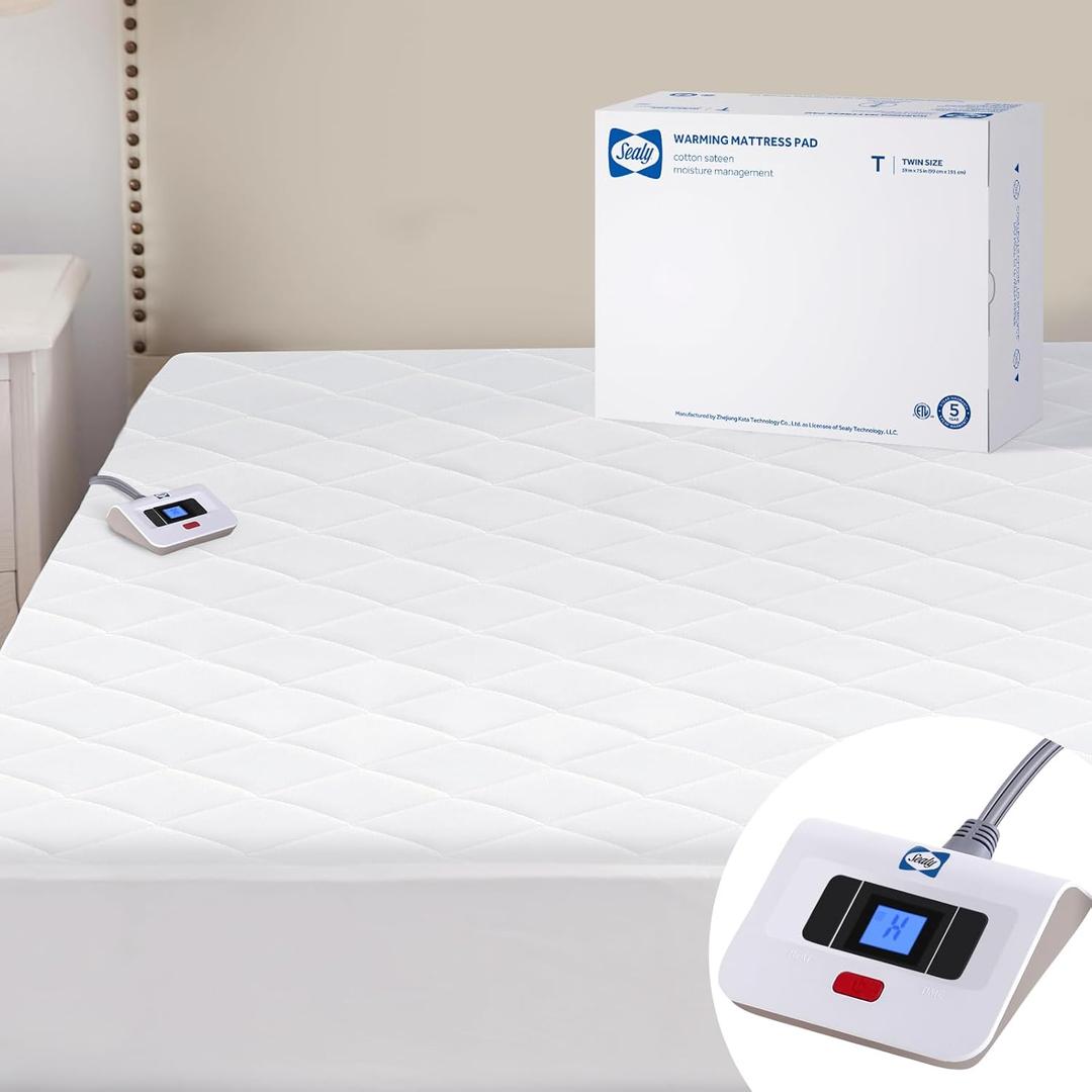 Sealy 3M Scotchgard Heated Mattress Pad | Quilted Cotton Electric Bed Warmer with 10 Heat Setting Controller | 1-12 Hours Auto Shut Off | 15" Deep All Around Elastic Pocket, Twin