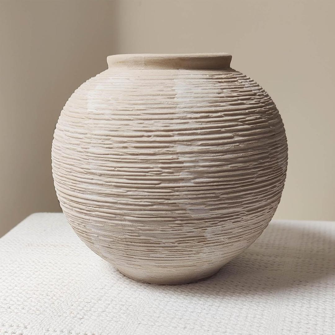 Rustic Farmhouse Vase Home Decor - 6 in Ceramic Boho Decorative Vase for Decor, Round Clay Whitewashed Terracotta Bowl vase for Living Room, Table, Shelf, Centerpieces