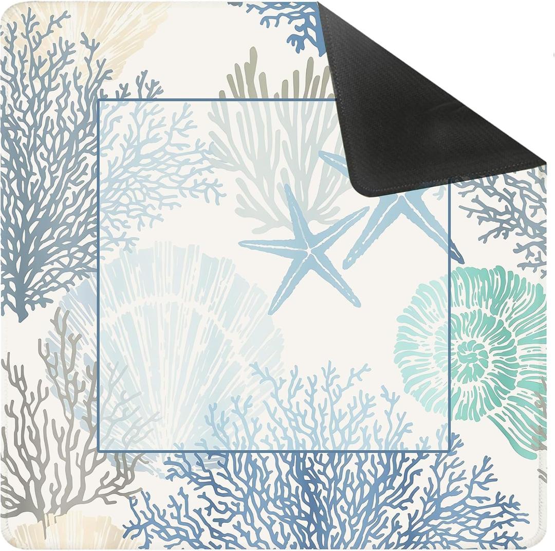 Blue Coastal Beach Mahjong Mat for Table 31.5 X 31.5 in, Gifts for Mahjong Players Nautical Ocean Starfish Shell Carol Anti-Slip Table Cover Tablecloth for Poker Board Card Tile Game Dominoes