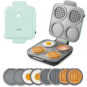 Dash MultiMaker Family Mini Maker System - Dual Ceramic Nonstick Cooking Surfaces - Built-In Cord Wrap - Makes 4-Inch Waffles - Aqua, 8 Plates