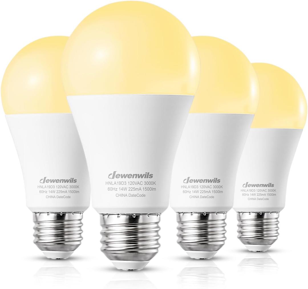 DEWENWILS 4-Pack A19 LED Light Bulb, 1500LM, 3000K Soft Warm Light Bulb, Energy Saving 14W(100W Equivalent) LED Bulb, E26 Medium Screw Base, Non-Dimmable, UL Listed