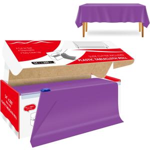 54 Inch x 200 Feet Purple Plastic Tablecloth Roll Cut to Size Disposable Table Cover with Cutter Box Plastic Table Cloth for Party, Wedding, Birthday