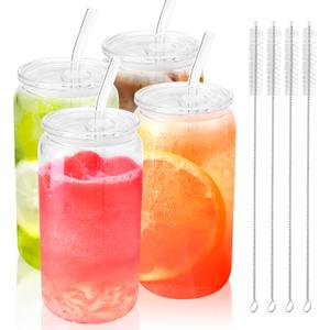 Joyclub 4pcs Glass Cups with Acrylic Lids and Straws 16 oz Can Shaped Glass Iced Coffee Cups with Lids and Straws, Cute Tumbler Cup Drinking Glasses for Smoothie Whiskey Boba Soda Tea Gift (Clear 4 Pack)