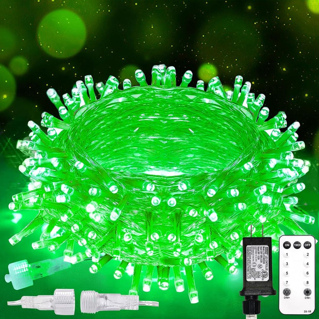 suddus 100 LED Green Christmas Lights with Remote, Clear Wire Green String Lights Plug in, 33ft Waterproof Dimmable Connectable String Lights Outdoor for Tree, Window, St Patrick's Day Decor