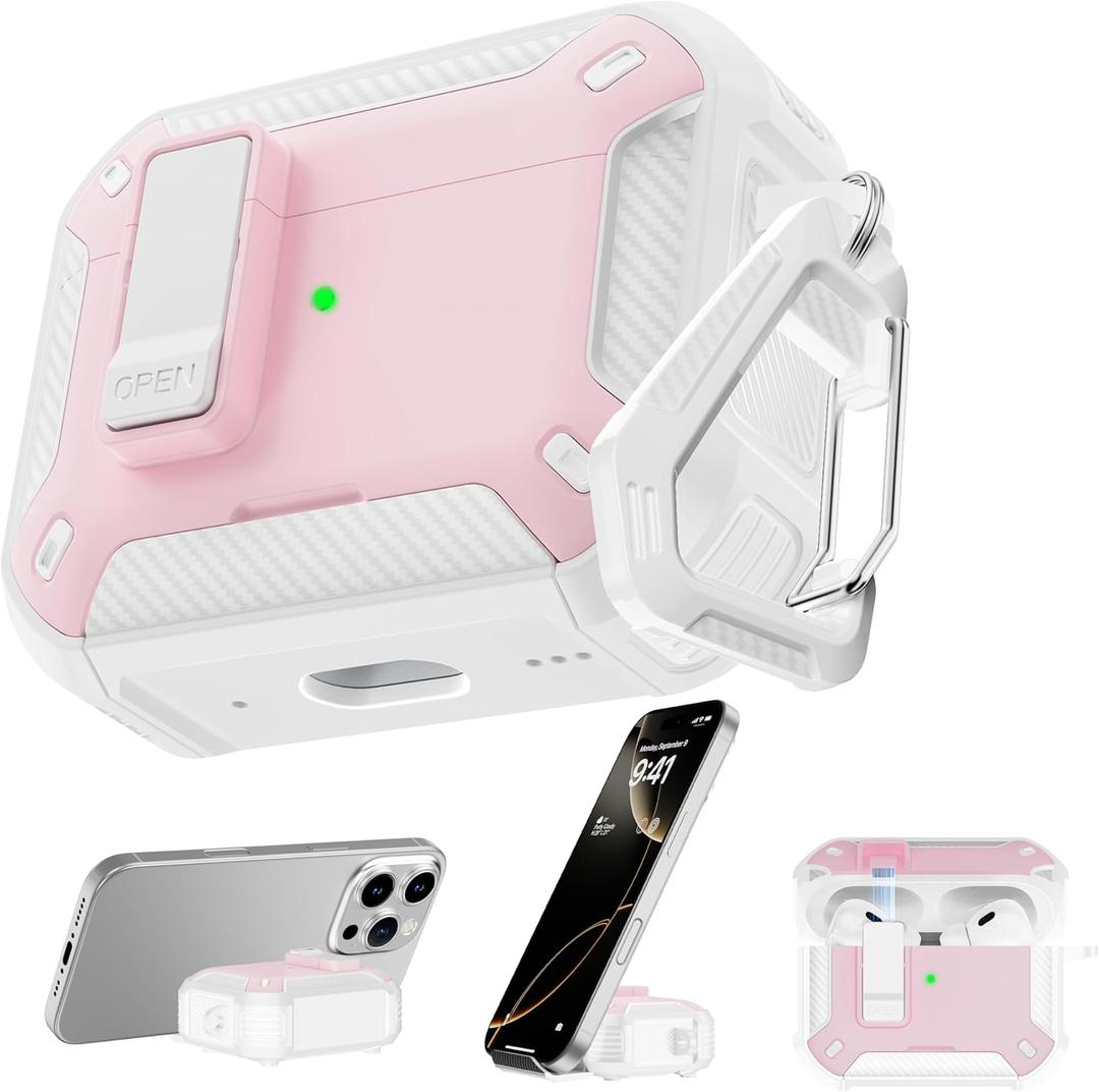 RFUNGUANGO Compatible AirPods Pro 2nd Generation Case with Phone Holder and Compatible Back Magnetic Suction Function, Suitable for AirPods Pro 2 Case, White + Pink