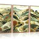 Aurlan Abstract Mountain Landscape Wall Art Set(16”x24”), 3 Pieces Green Forest Nature Framed Canvas Artwork, Large Boho Minimalist Watercolor Scenery Wall Decor for Office Bedroom Living Room