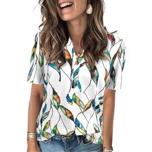 Womens Tops Summer 2025 Short Sleeve Casual Shirts Fashion Loose Fit Clothes (Medium, Colorful Leaf)