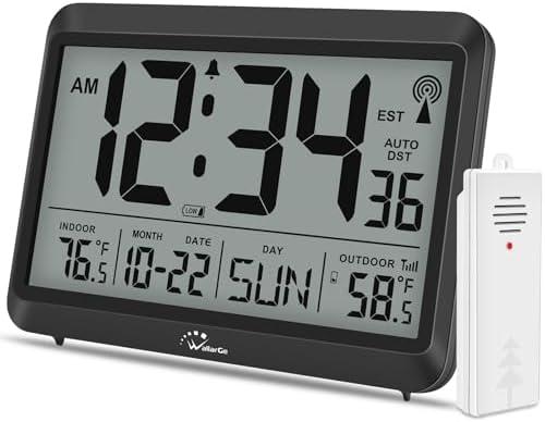 WallarGe Atomic Clock with Indoor Outdoor Temperature - 8.5'' Digital Clock Battery Operated, Self-Setting, 4 Time Zones, DST