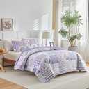 Joyreap 3 Pieces Floral Quilt Set King, Patchwork Purple n Pink Flowers Design, Smooth Soft Microfiber Quilt, Bedspread Bed Cover for All Season, 1 Quilt and 2 Pillow Shams- 102x90 inches