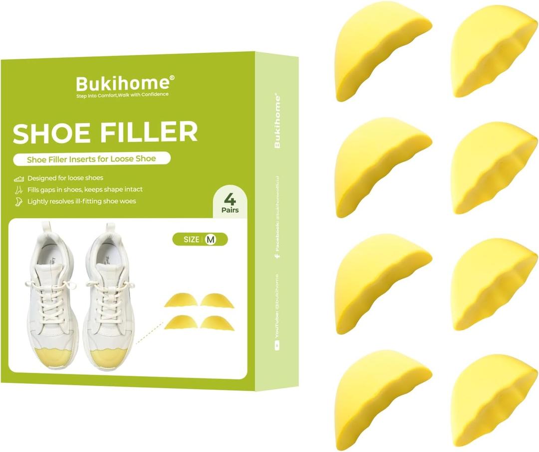 Bukihome Shoe Filler Insert - 4 Pairs Shoe Filler for Too Big Shoes, Heel Cushions for Women, Toe Inserts, Size Reducer Make Shoes Fit, Cushions for Women, Yellow, M