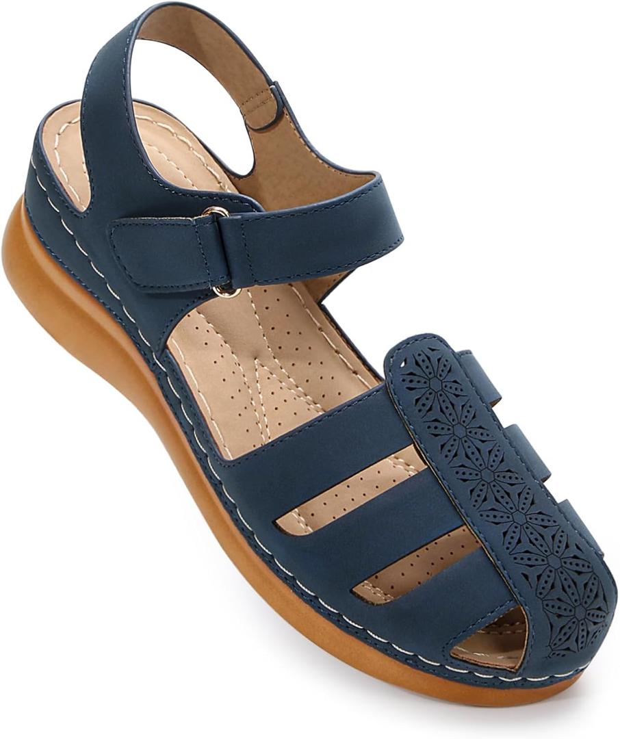 Women's Closed Toe Wedge Sandals - Dressy Summer Fisherman Sandals Comfortable (Blue)